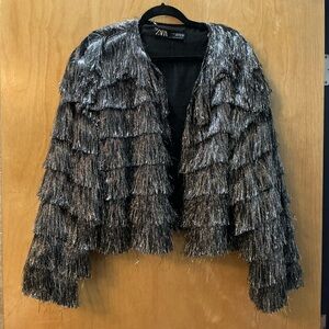 Zara Black &Silver Metallic Fringe Tiered Layer Jacket
ExLrg